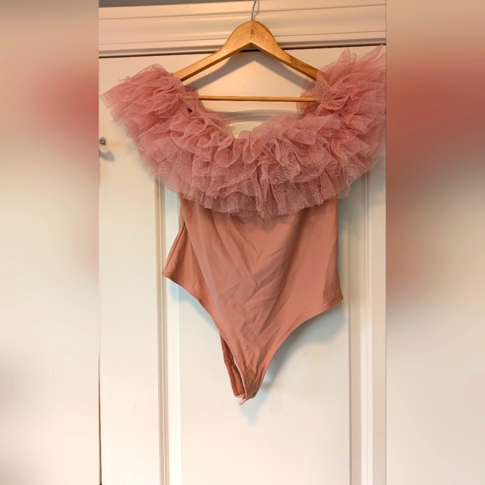 BUCKETLIST Pink Tulle Off The Shoulder Bodysuit